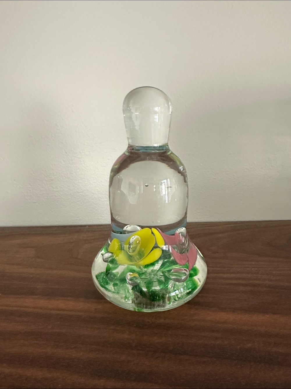 Vintage Joe St. Clair Signed 1984 Glass Bell Paperweight -Floral Pink,Yellow,Blu